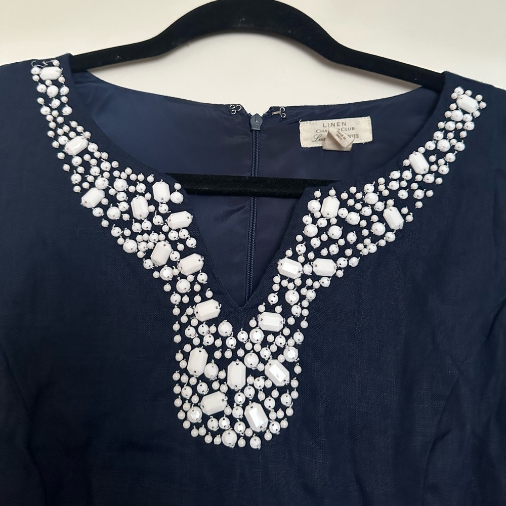 Charter Club Petite 100% Linen Sheath Dress Navy Beaded Trim Lined Sleeveless - Picture 4 of 5